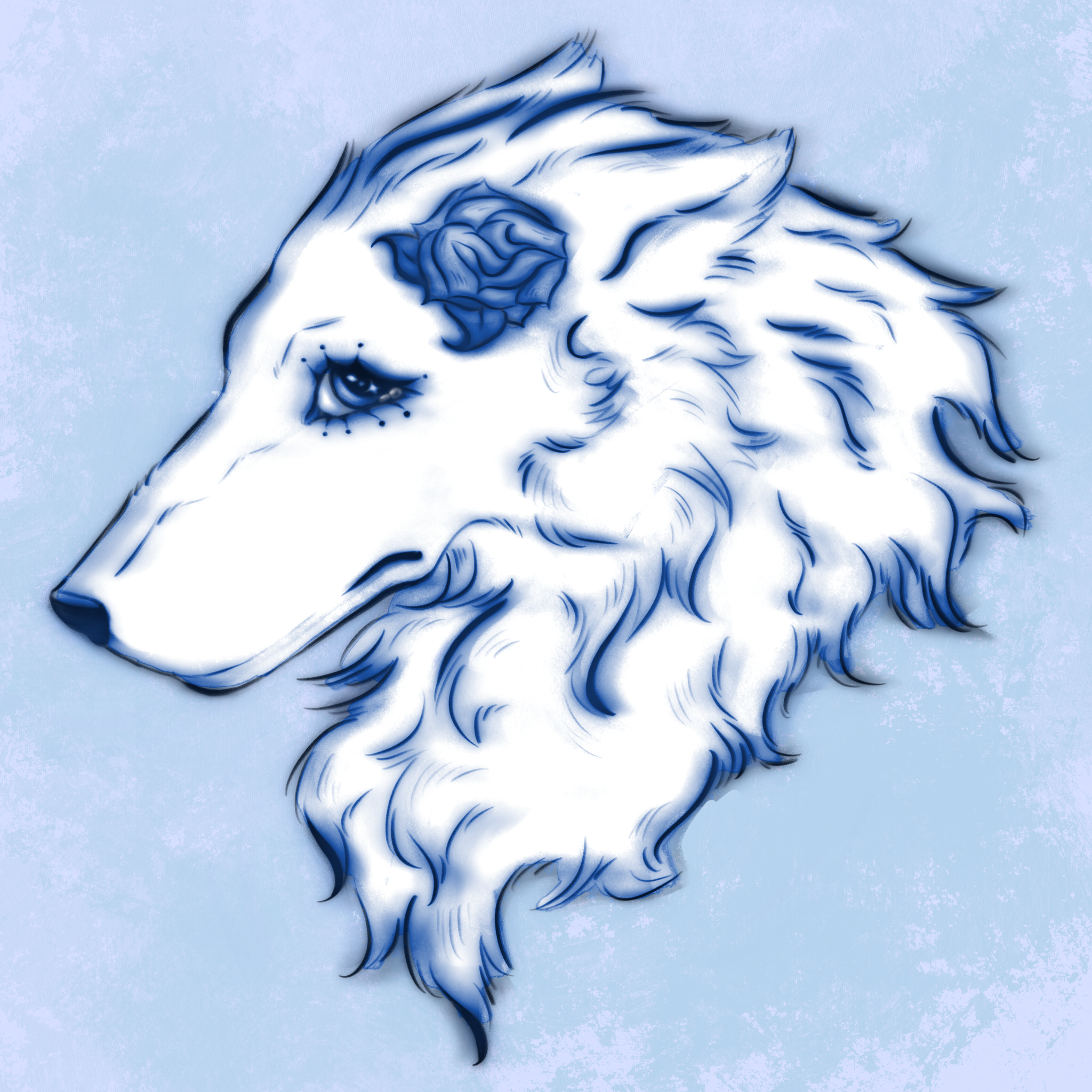 White wolf portrait with a blue rose
